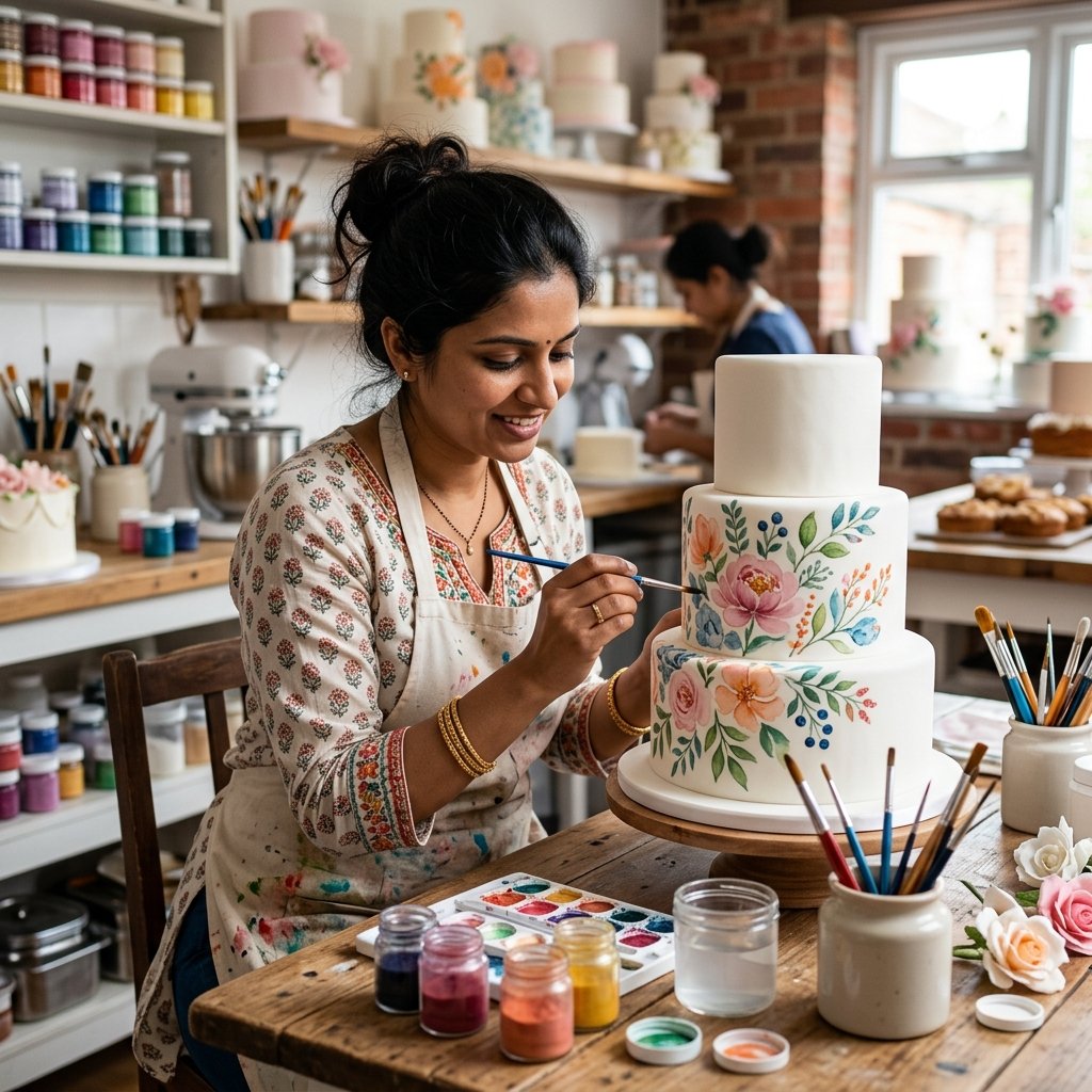 Baker hand-painting delicate watercolour floral design onto white fondant cake using fine artist's brushes with edible paint