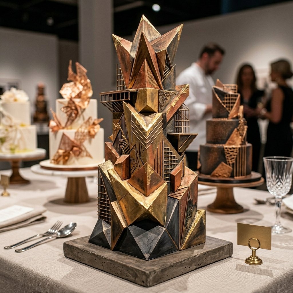 Advanced sculptural cake with architectural tiers and hand-crafted sugar flower details on white marble surface