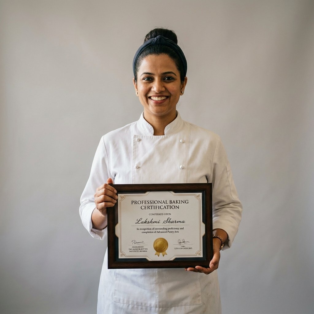 Baker receiving professional certification award at pastry school graduation ceremony in India