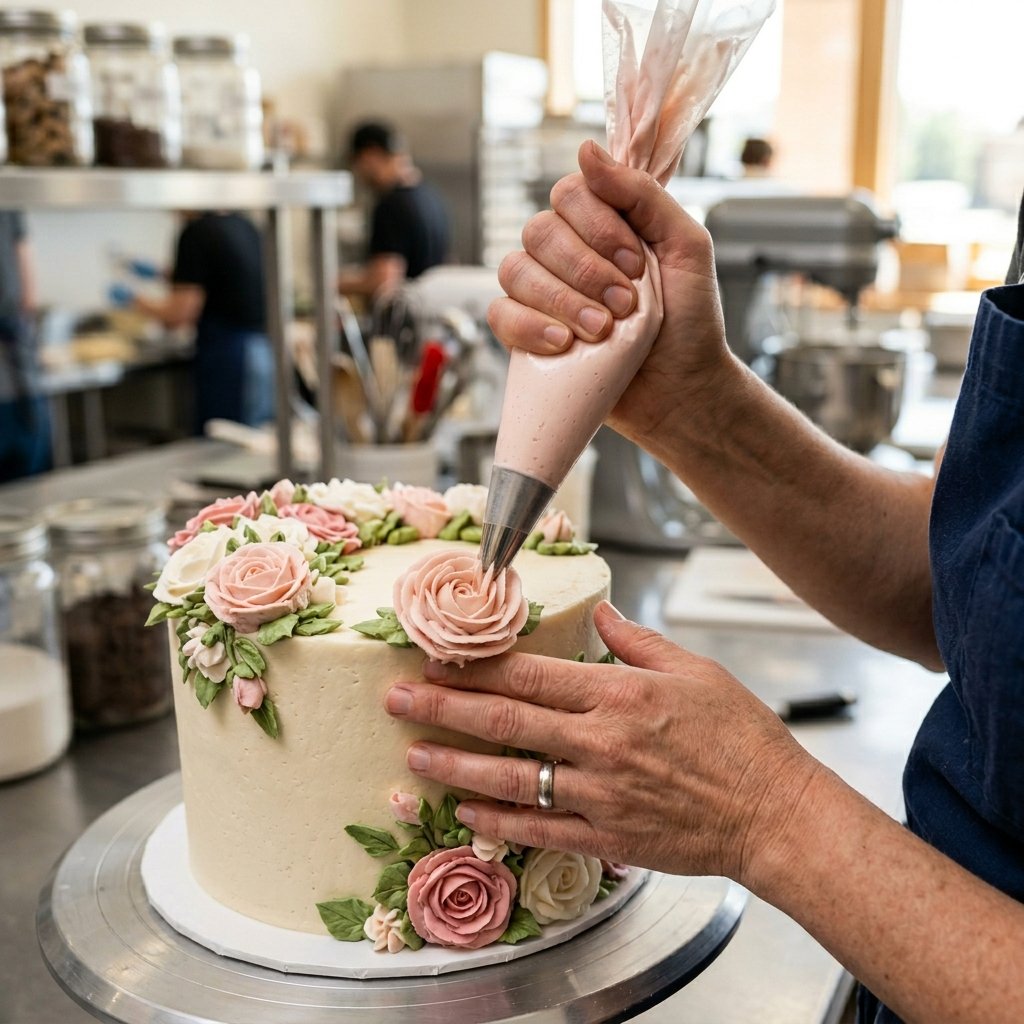 Professional baker demonstrating pastry and bread making skills in an online certification class via Zoom