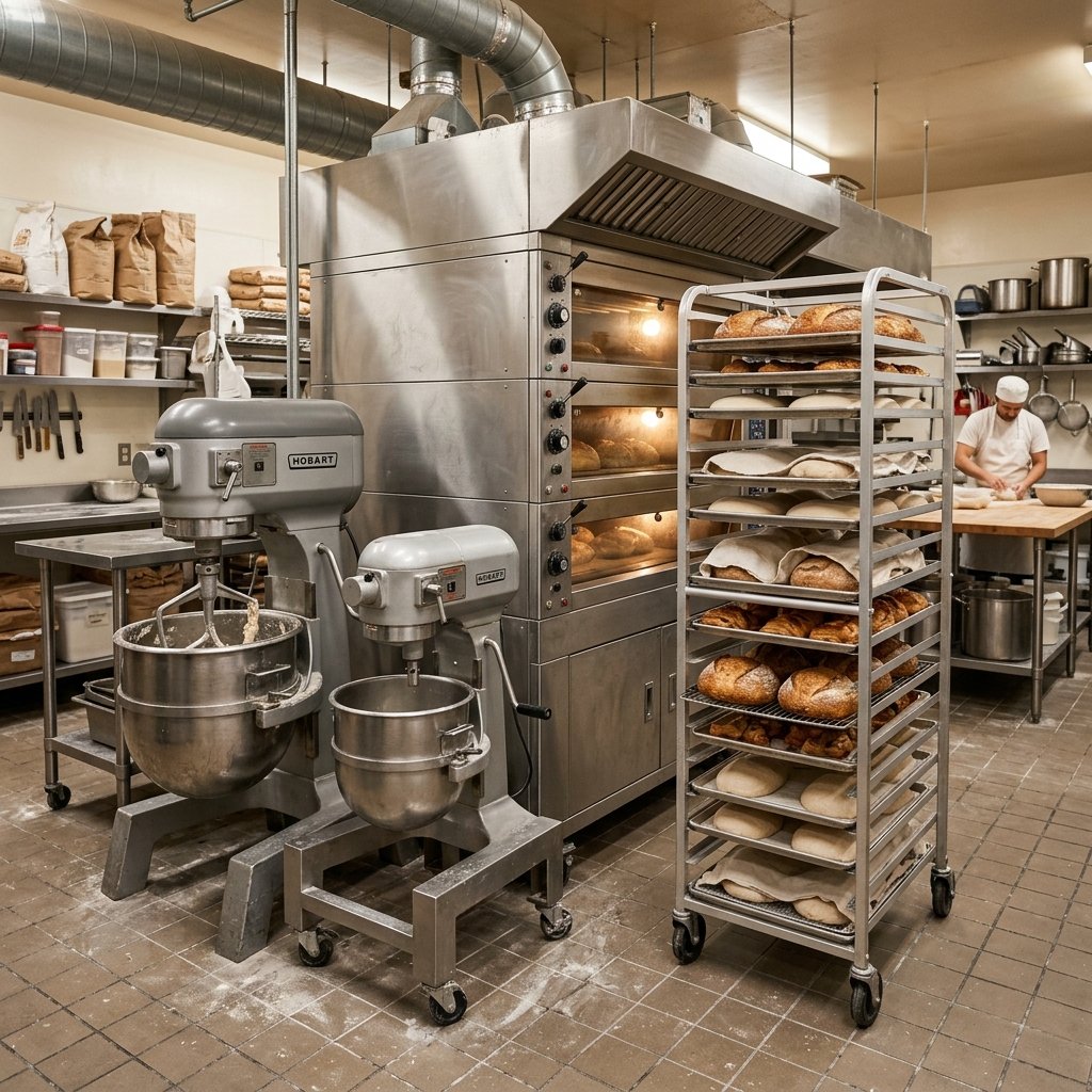 Professional baking equipment laid out including stand mixer OTG oven baking pans and tools for home bakery India