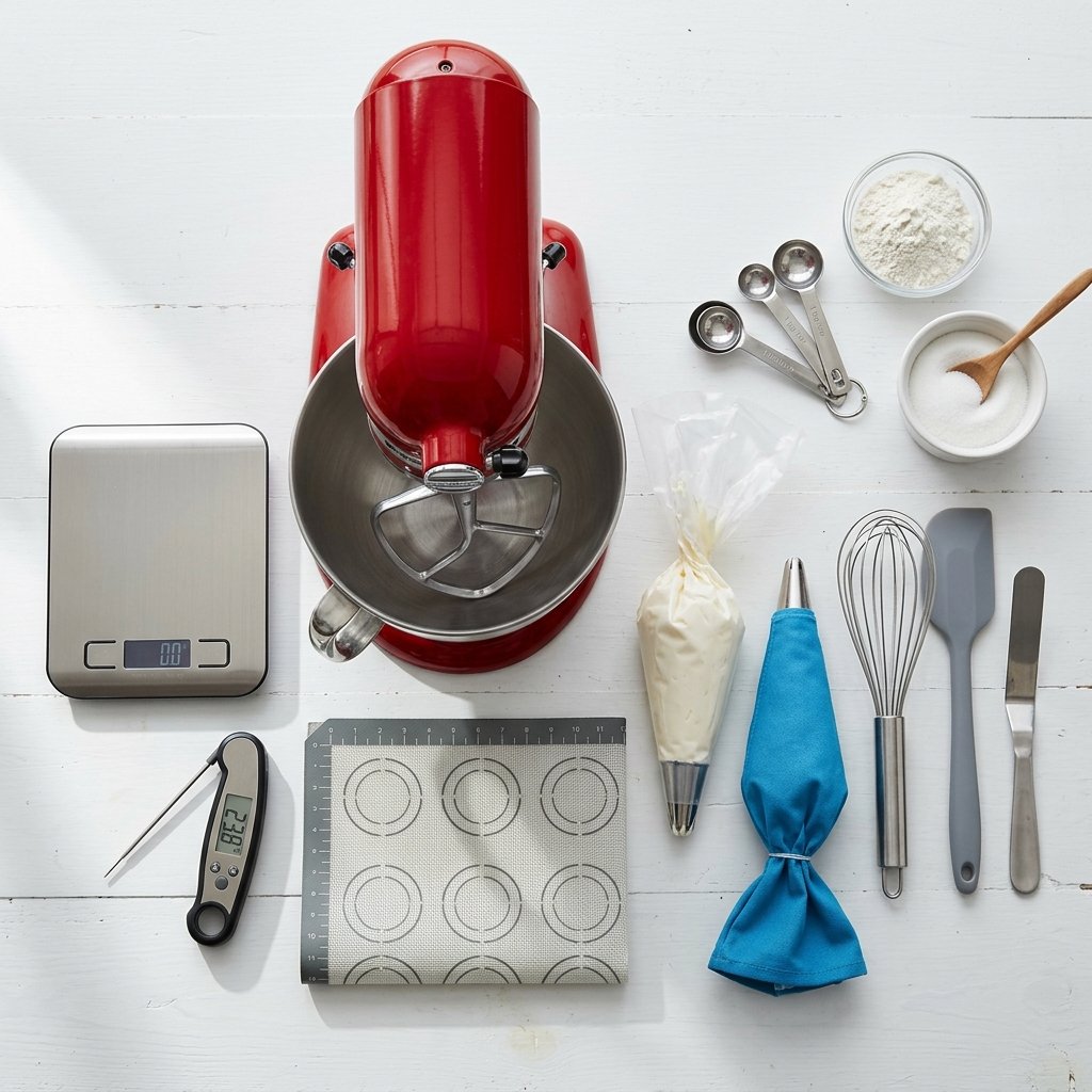 Essential baking tools including spatulas piping bags turntable rolling pin and pastry brushes for home bakery India