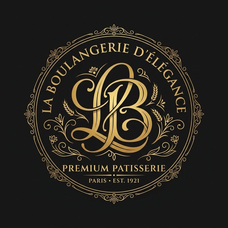 AI-generated luxury elegant bakery logo with gold monogram on black background