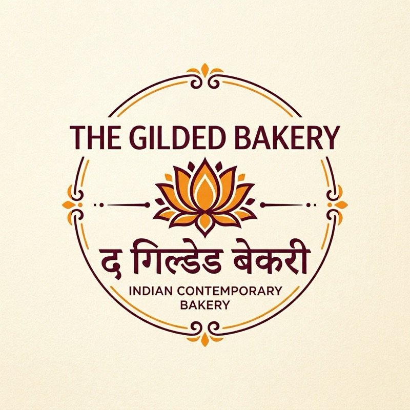AI-generated Indian contemporary bakery logo with English and Hindi text, lotus motif, marigold orange and maroon