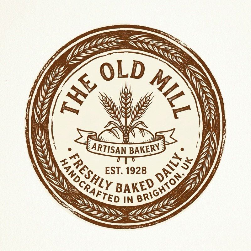 AI-generated vintage artisan bakery logo with wheat stalk circular badge in brown and cream