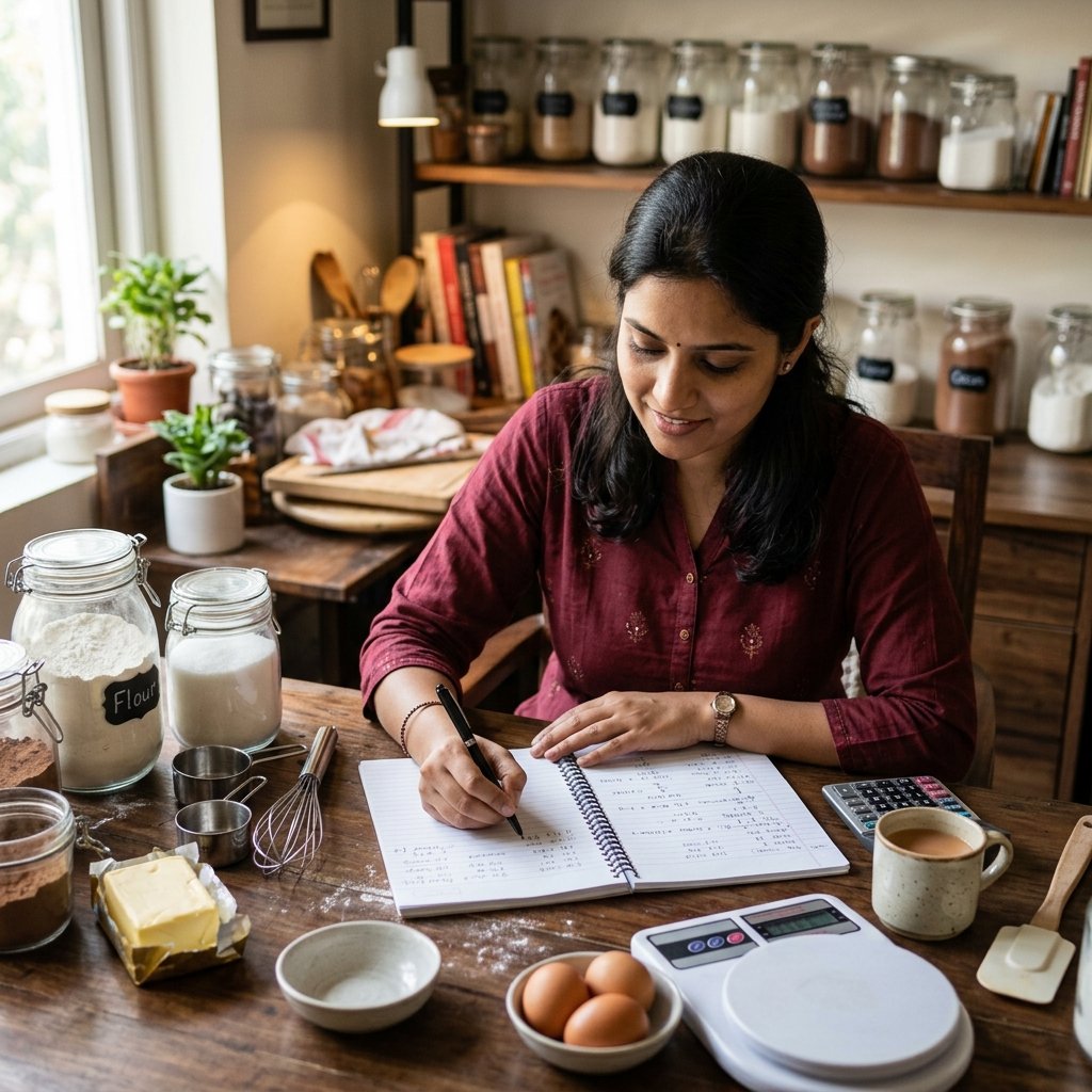 Detailed bakery pricing spreadsheet with cost calculations for cakes cookies and breads on a wooden desk