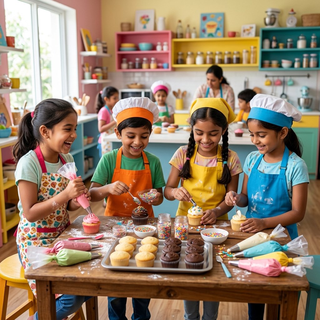 Group of children wearing aprons decorating cupcakes in a colourful baking class in India