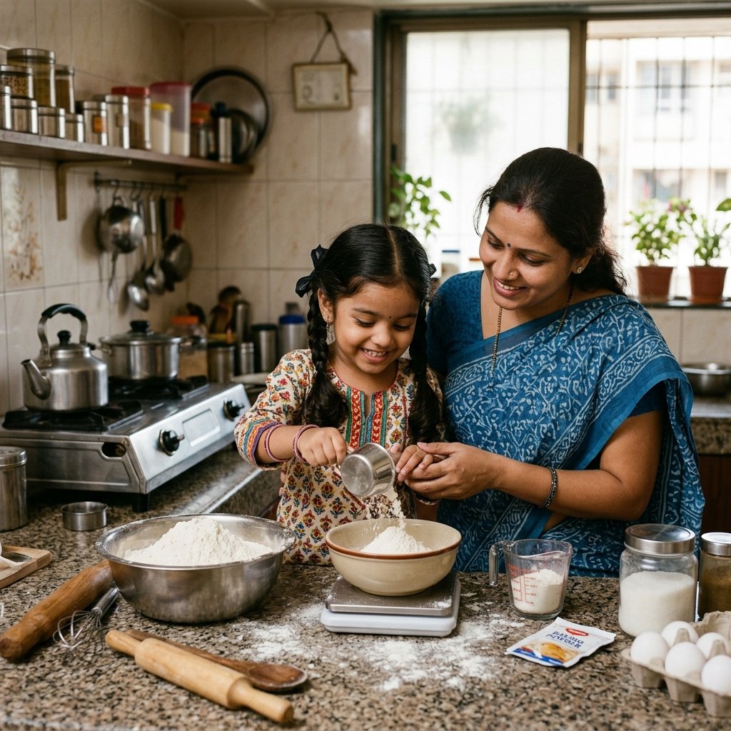 Mother and young daughter baking together at home in Indian kitchen, rolling dough side by side