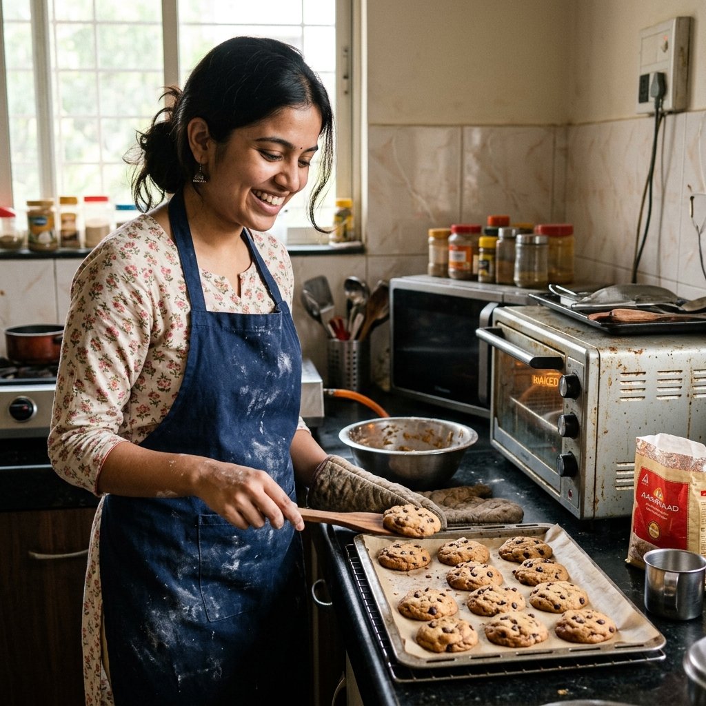 Indian woman happily displaying her first successful batch of home-baked cookies — beginner baking success