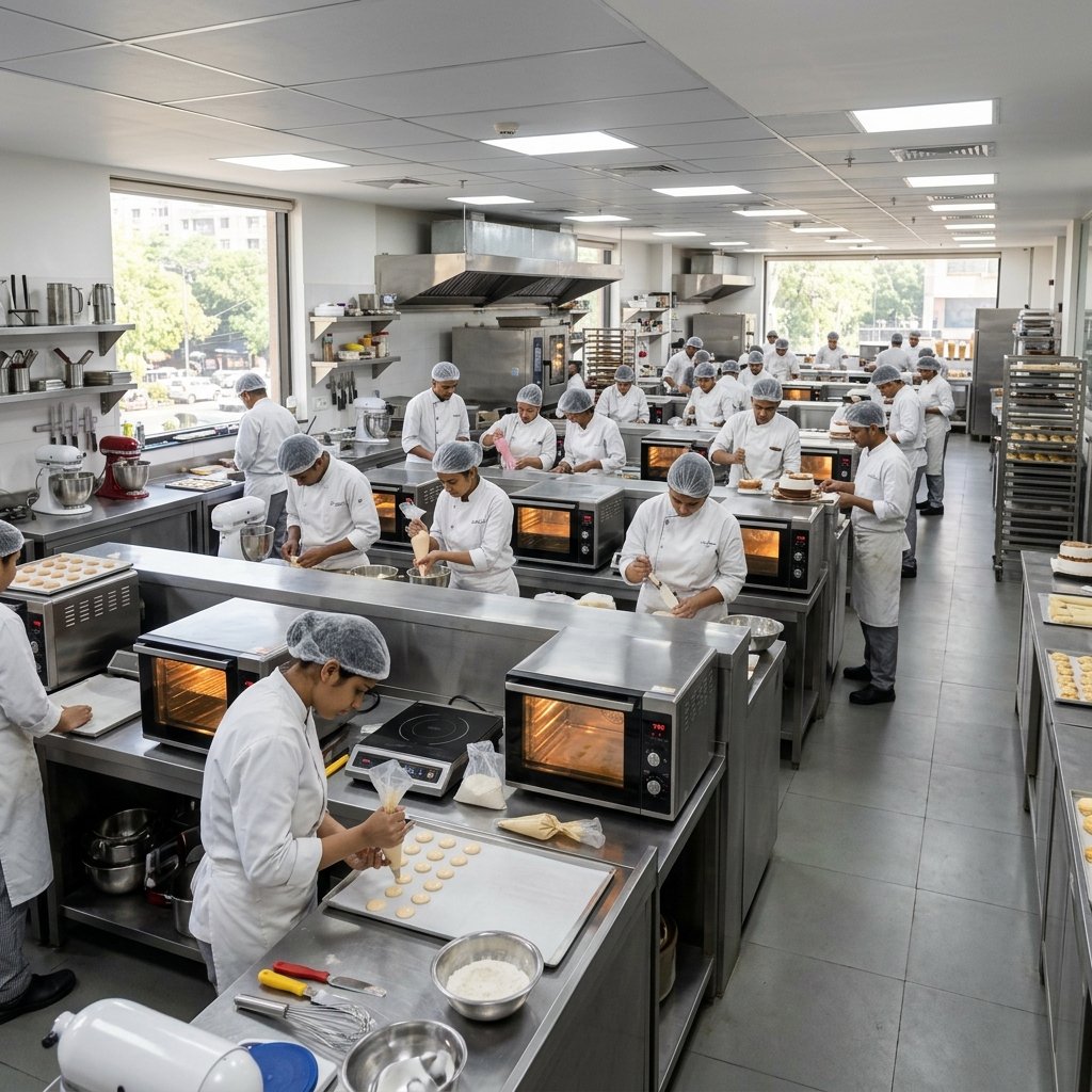 Professional baking institute kitchen in Delhi with students learning pastry techniques at stainless steel workstations