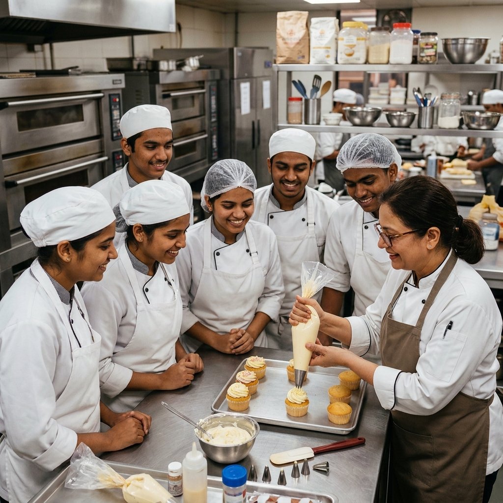 Enthusiastic baking students learning pastry techniques with professional instructor in modern kitchen setting