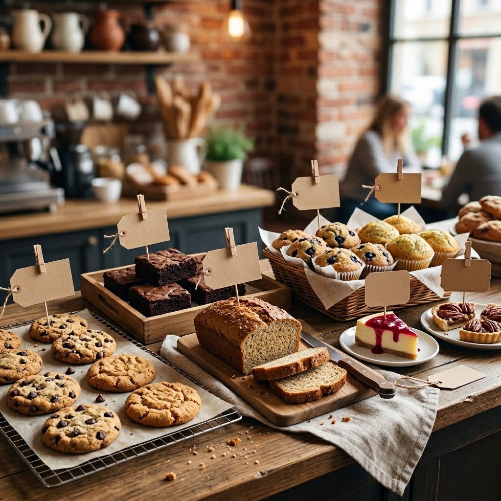 Professional baker preparing special diet baked goods — vegan cakes, gluten-free pastries and Jain-friendly desserts on a marble counter