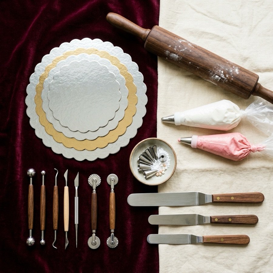 Professional baking tools and equipment on a burgundy surface