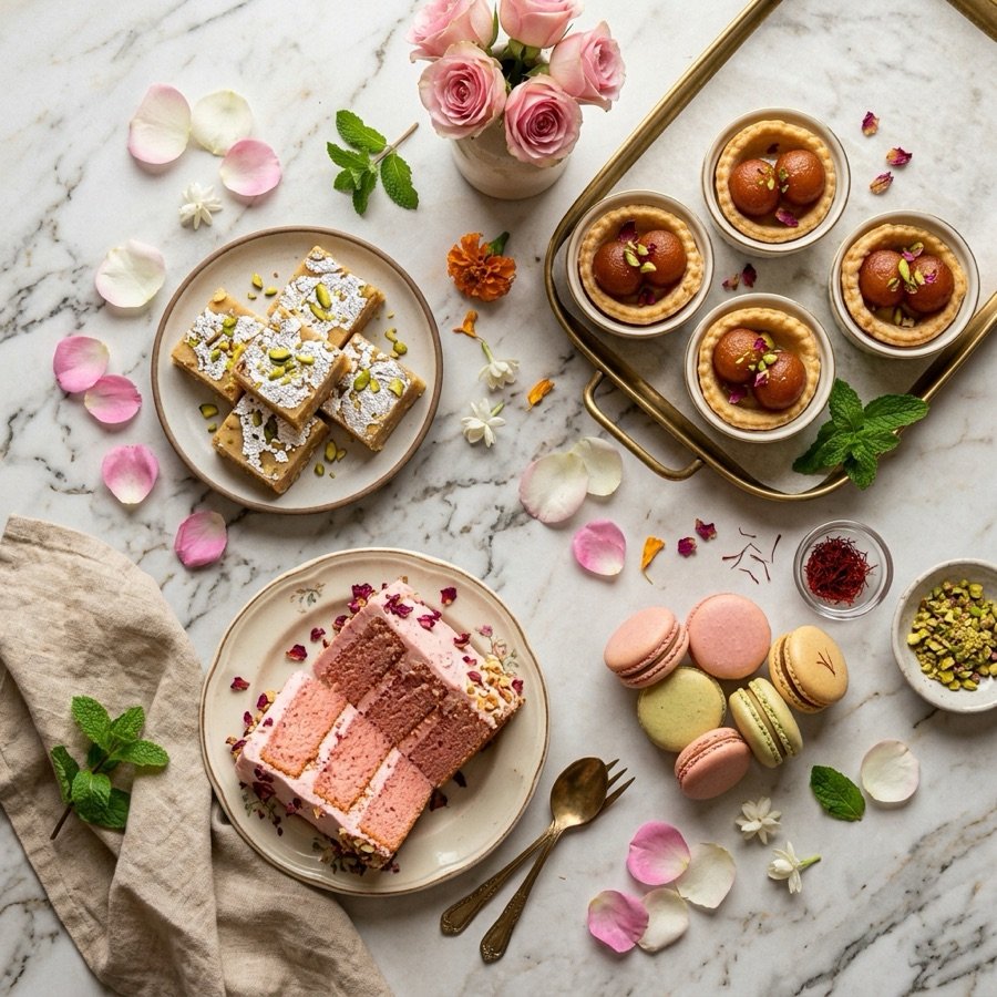 Beautiful eggless Indian pastries and desserts — rose milk cake, macarons, tarts