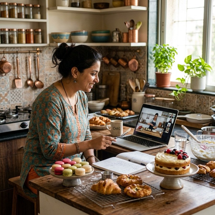 Indian woman learning baking through a live online class on her laptop