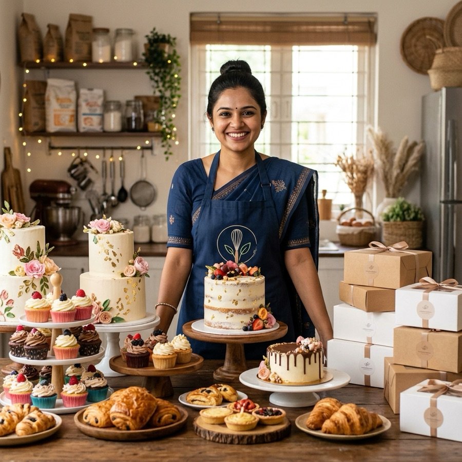 Indian woman entrepreneur behind her home bakery table with professional cakes and packaging