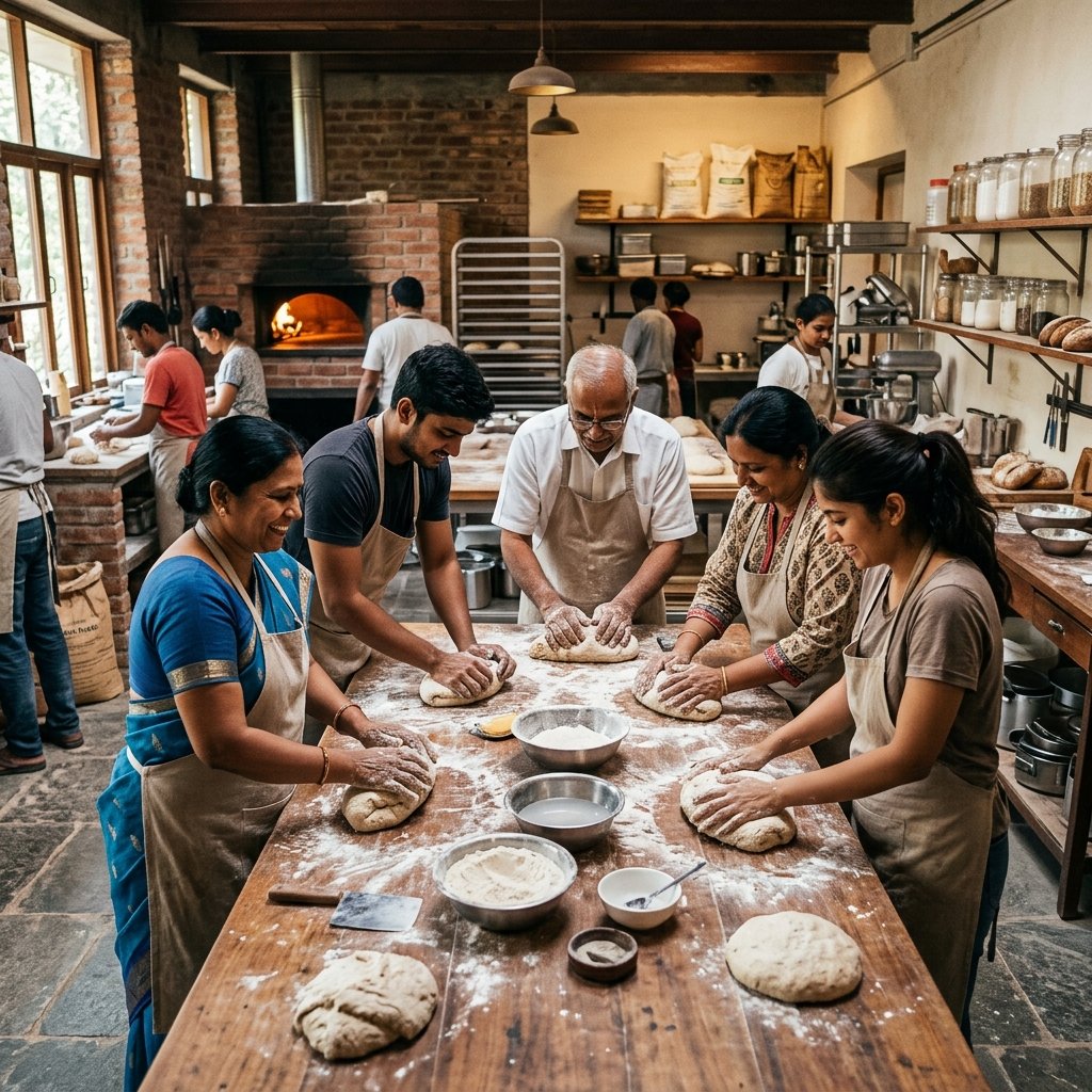 Artisan bread sourdough workshop in India — hands shaping a sourdough loaf on a floured surface
