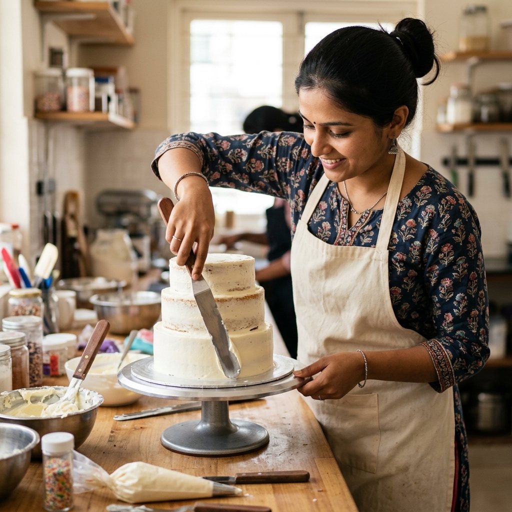 Baker applying smooth white buttercream to a three-tier cake using a metal bench scraper on a rotating turntable