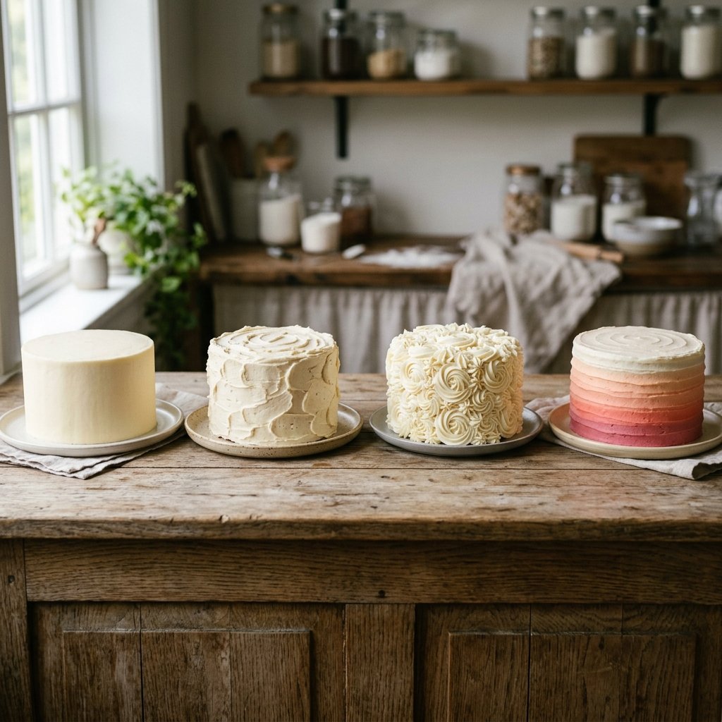 Six bowls of different types of buttercream frosting showing varying textures and colours — American, Swiss meringue, Italian, French, German and Korean