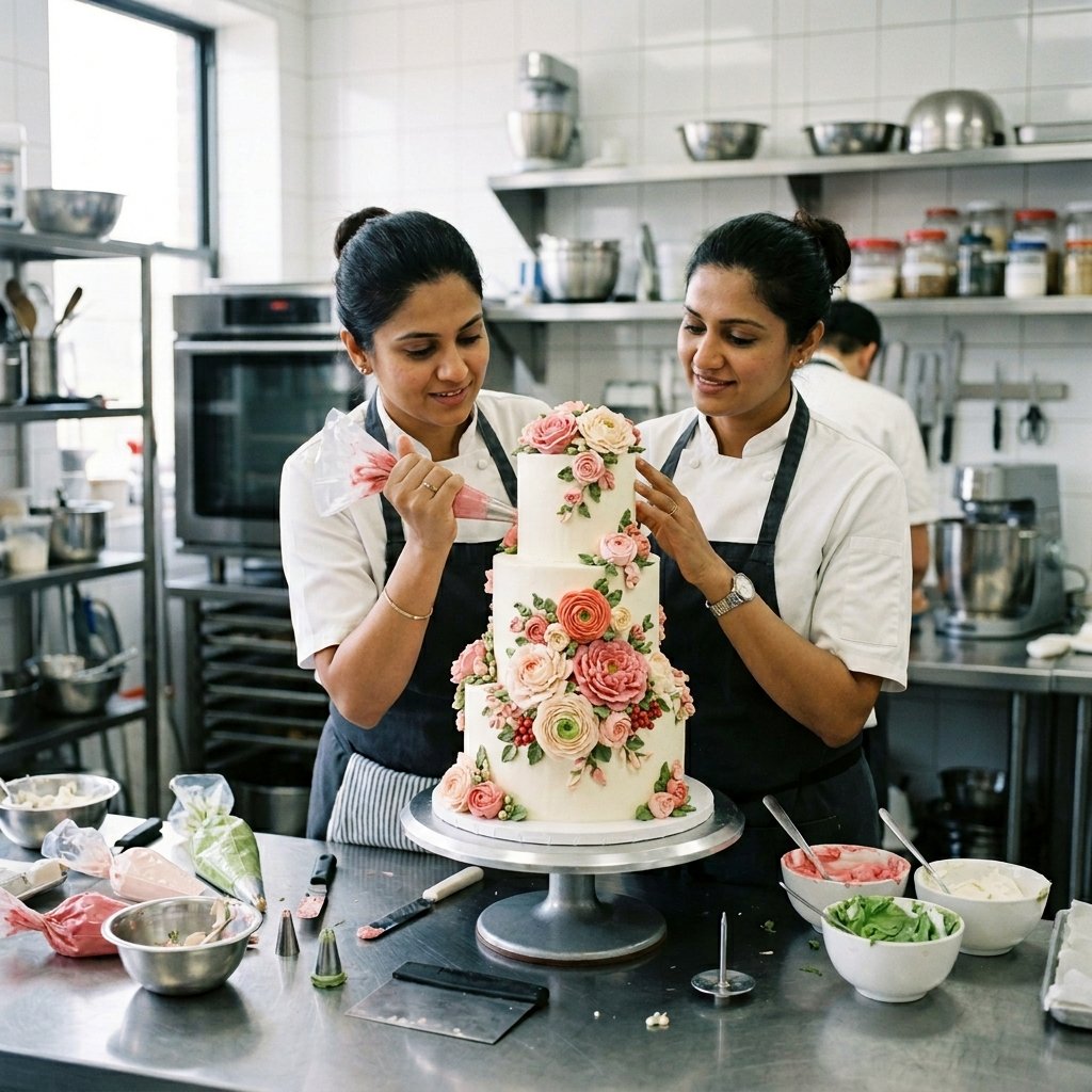 Professional cake decorating class showing buttercream piping techniques on a layered cake with floral designs