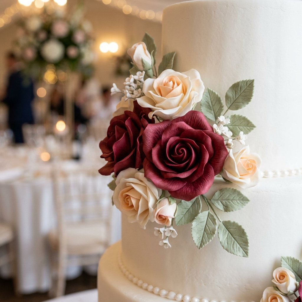 Handcrafted sugar flowers including roses, peonies and foliage arranged on a wedding cake — an advanced cake decorating technique