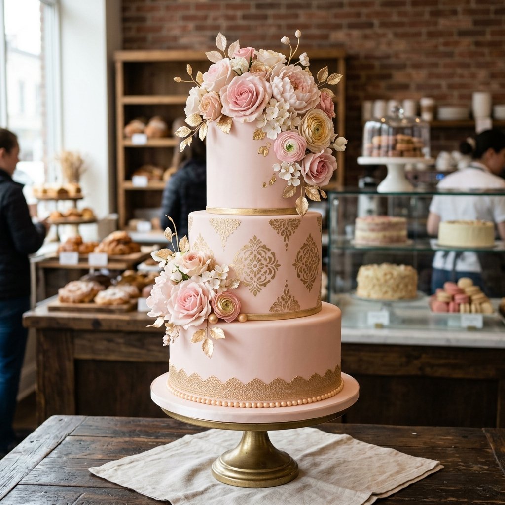 A beautiful three-tier celebration cake in pink and gold — typical of professional custom cake orders in India