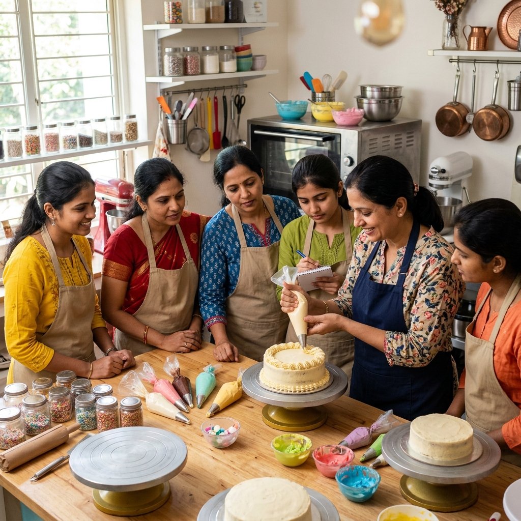 Group of Indian women learning cake making techniques in a professional baking studio