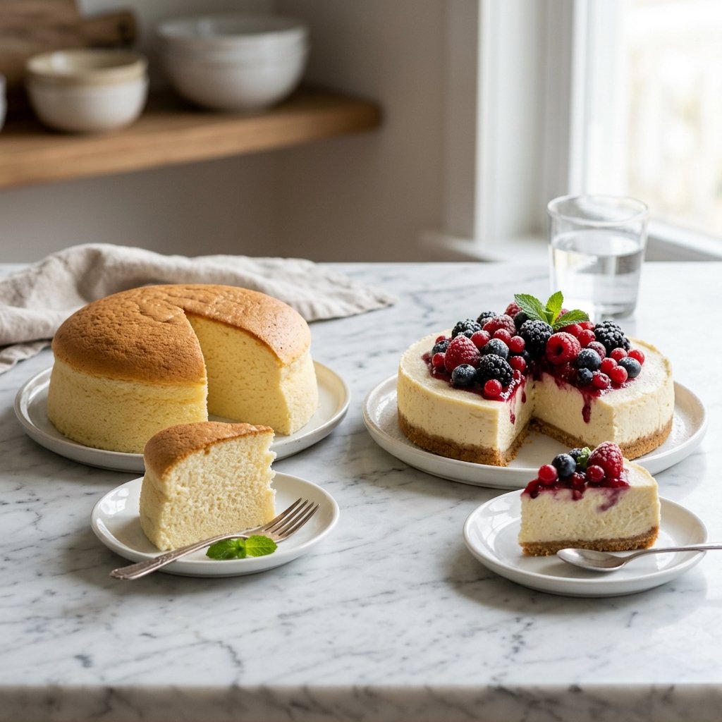 Five cheesecake varieties side by side — NY baked, Japanese cotton, no-bake, Basque burnt, and Chicago style