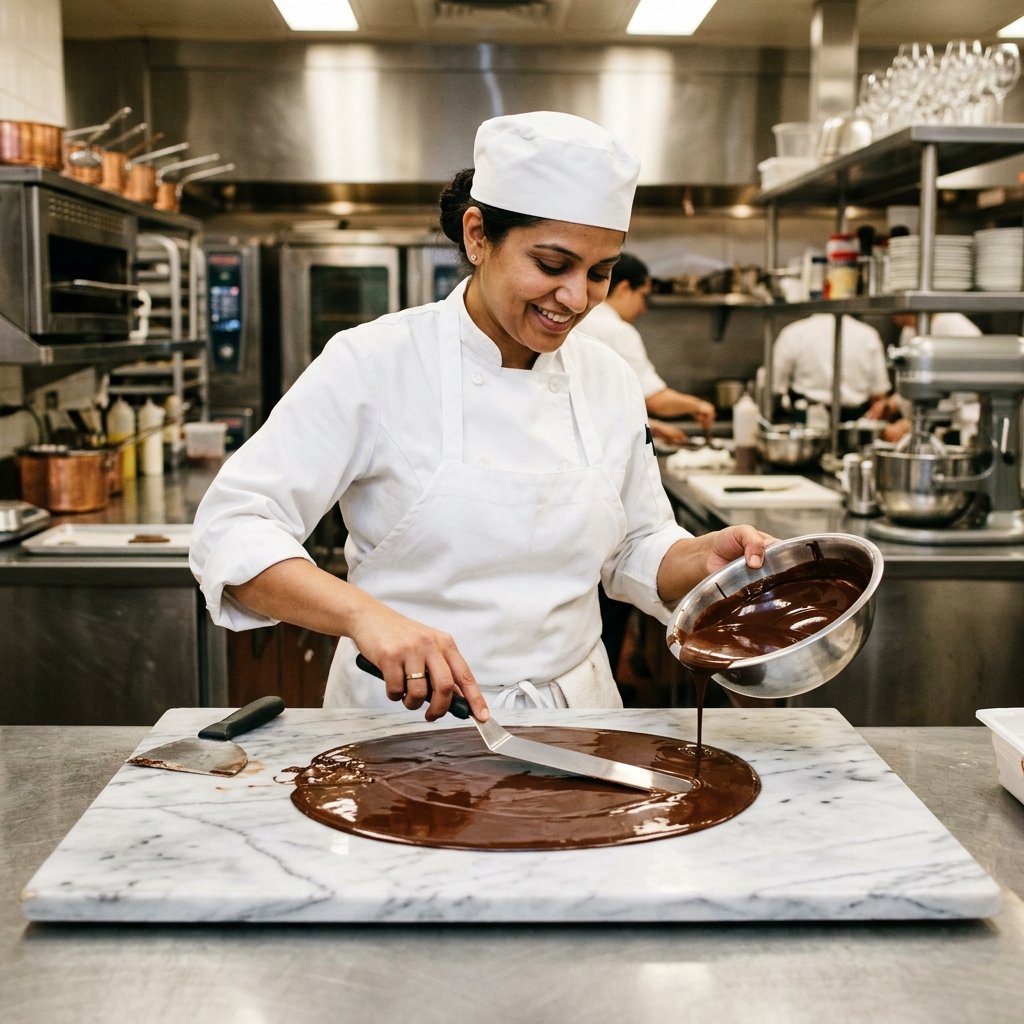 Chocolate making class with students learning tempering and moulding techniques for handmade bonbons and truffles