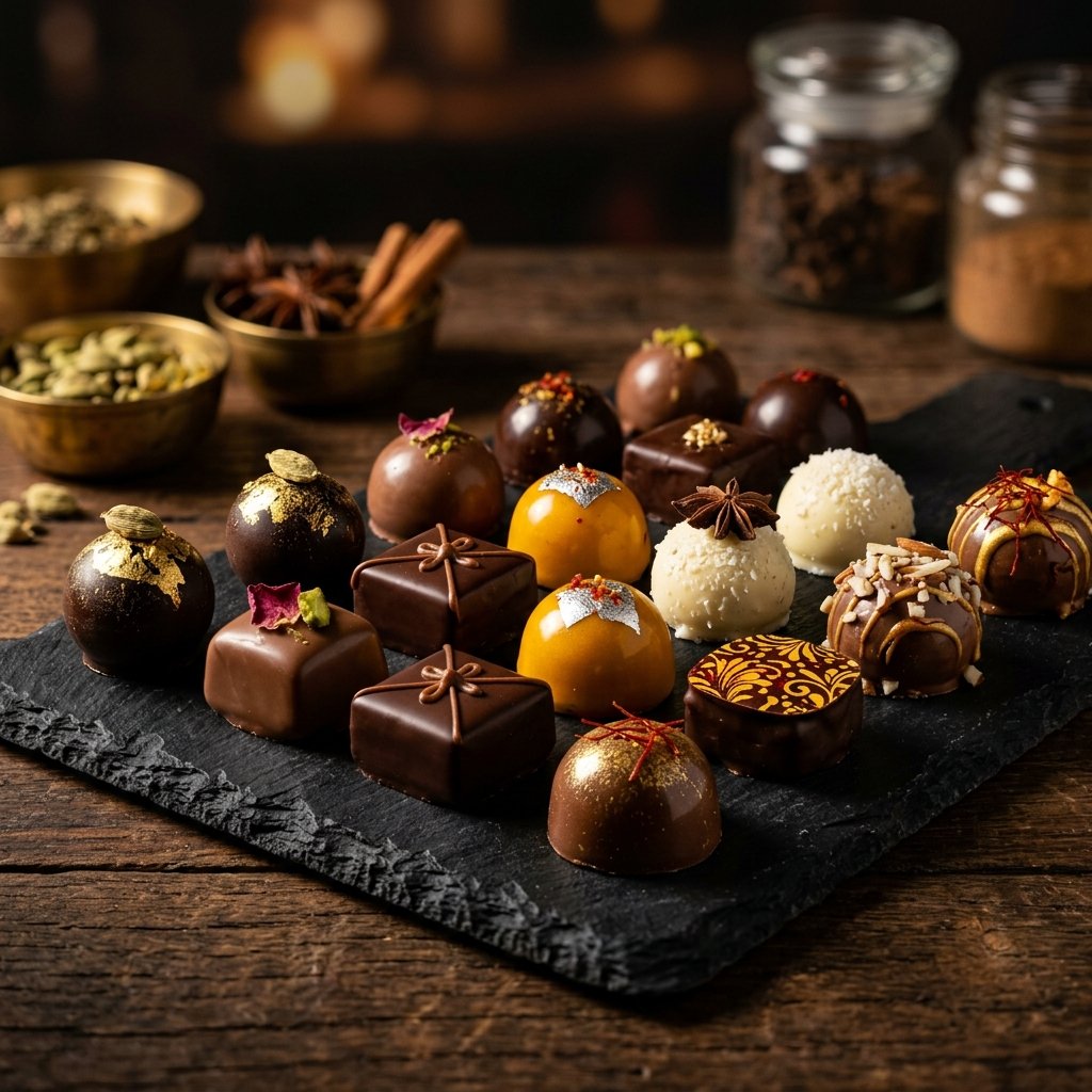 Assortment of handmade chocolate truffles with cocoa powder coating and gold leaf garnish arranged on dark slate