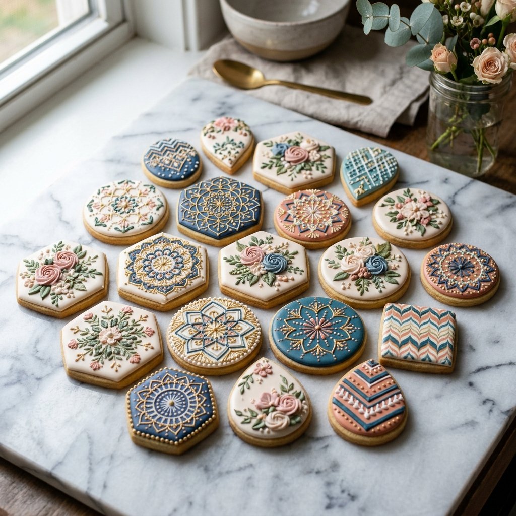 Elaborately decorated royal icing cookies with intricate patterns and vibrant colours