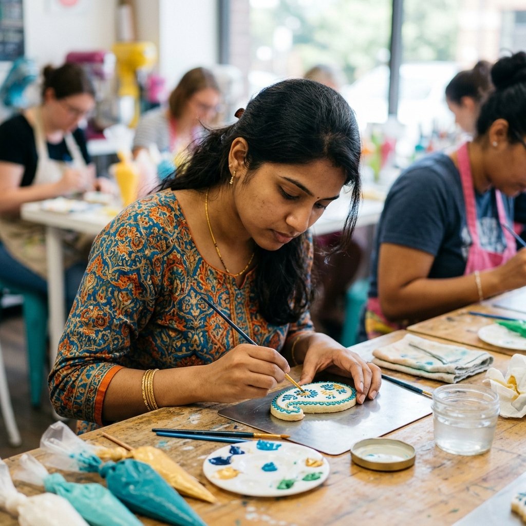 Indian woman carefully hand-painting fine detail on a decorated royal icing cookie