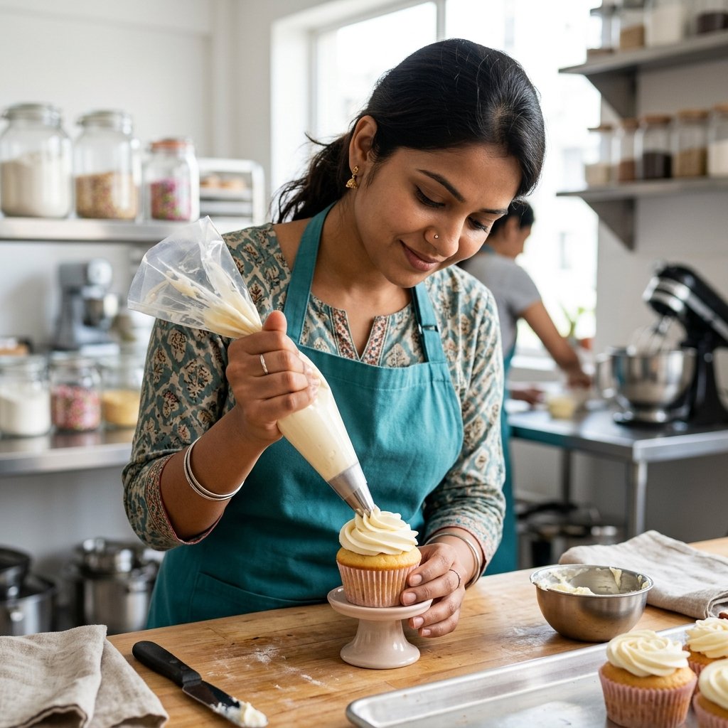 Indian woman piping a precise rosette swirl on a cupcake using a 1M tip
