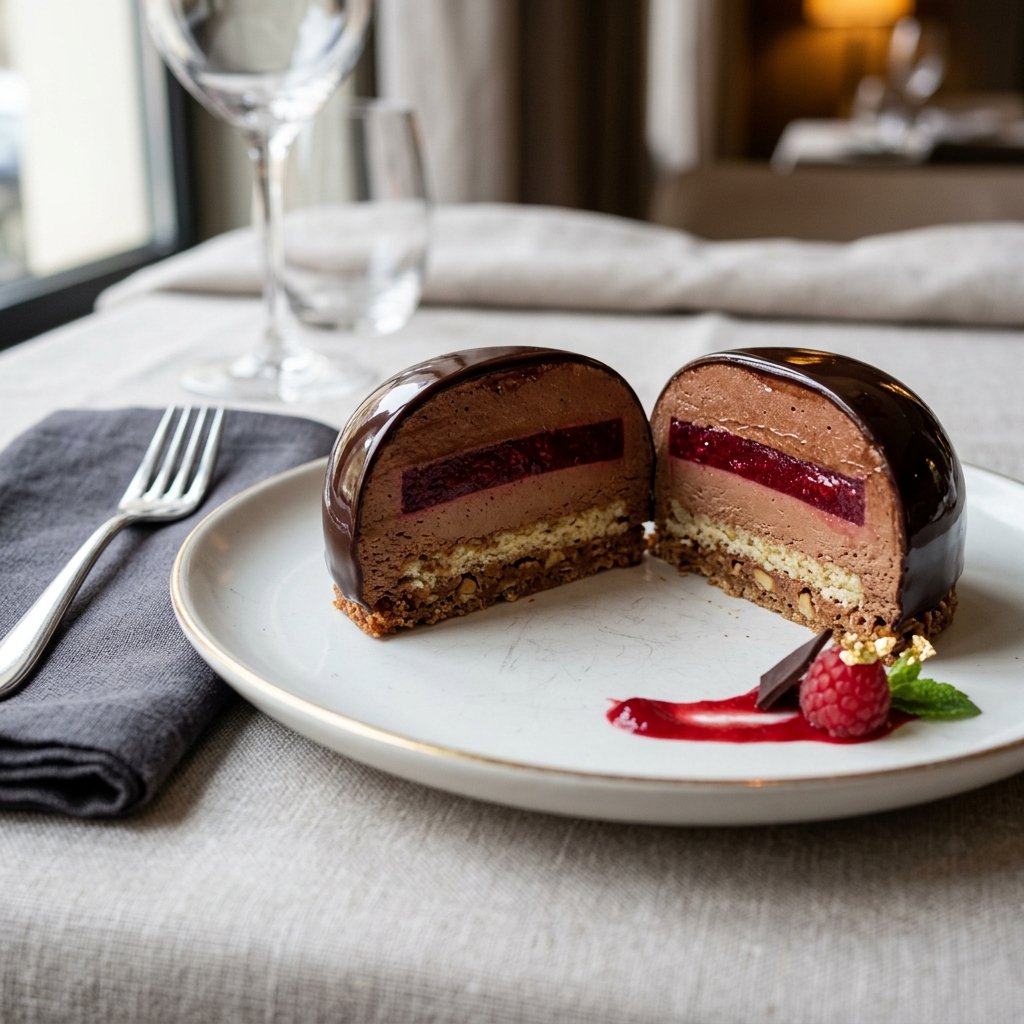 Cross-section of a completed entremet showing all distinct layers: sponge, crunchy feuilletine, fruit insert, chocolate mousse, and mirror glaze