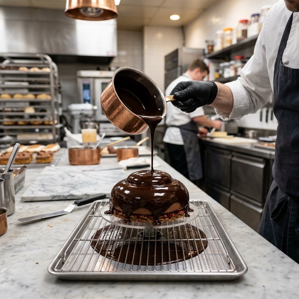 Mirror glaze being poured over a frozen entremet, creating a perfectly smooth reflective surface