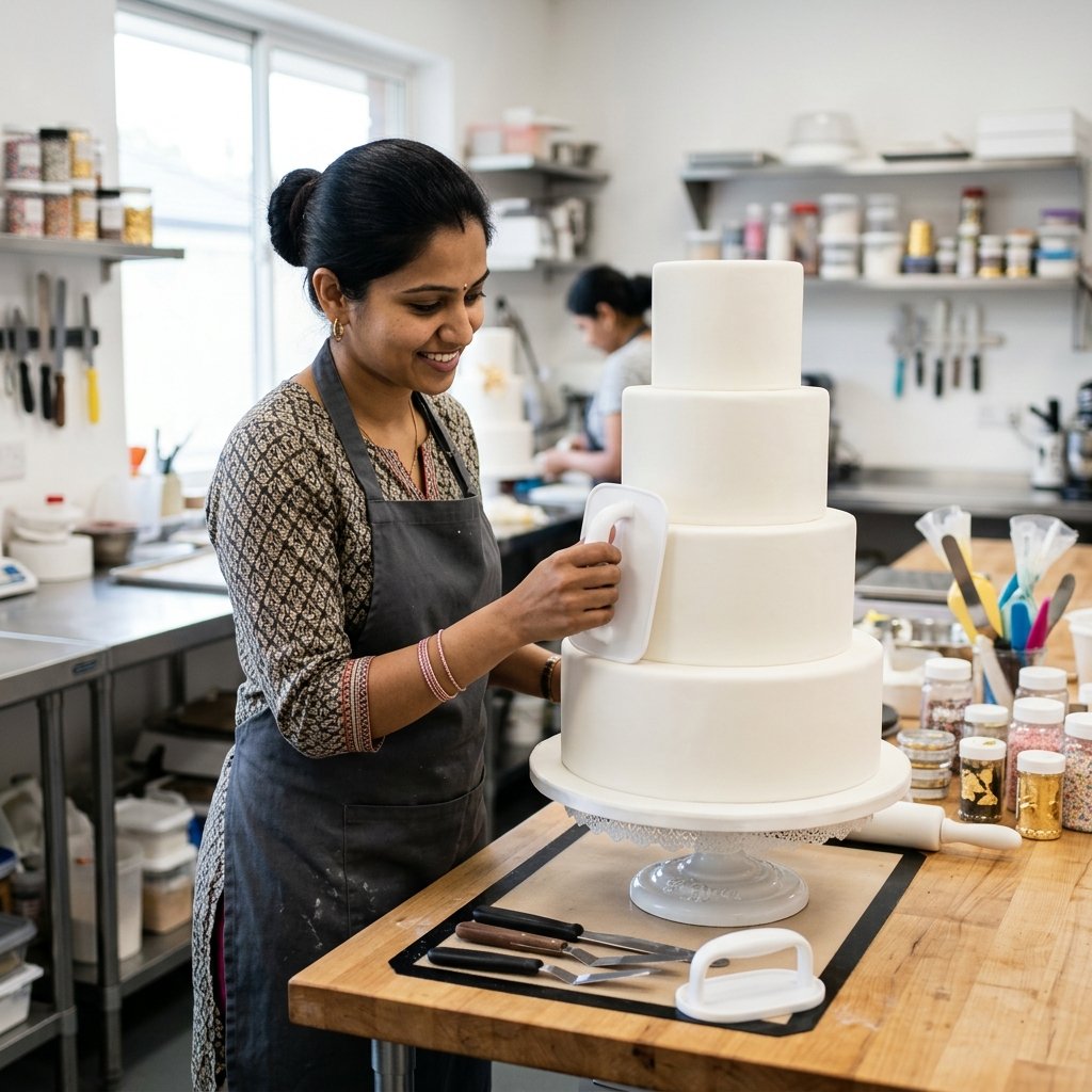 Indian woman smoothing fondant over a cake on a turntable — professional fondant covering technique
