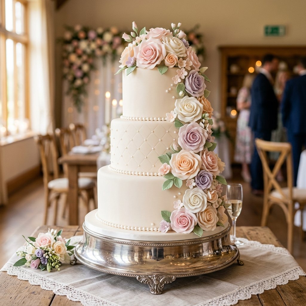 A beautifully decorated fondant cake with sculpted roses and smooth finish — professional fondant cake work