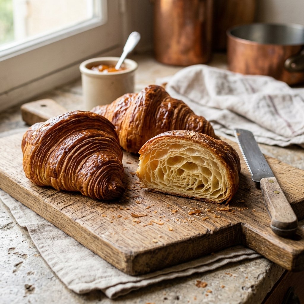 Beautiful golden croissants with laminated layers visible on cutting board