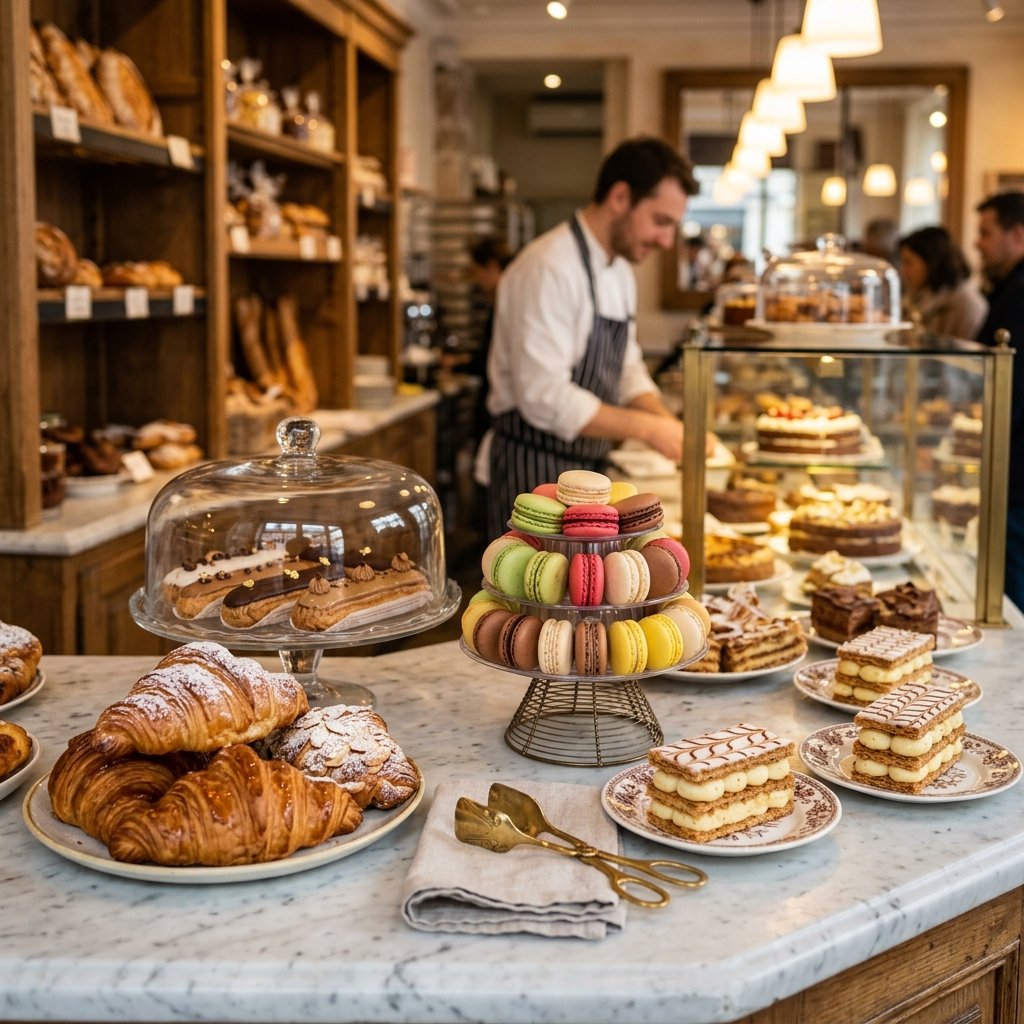 Elegant French patisserie display with croissants éclairs and macarons on marble counter