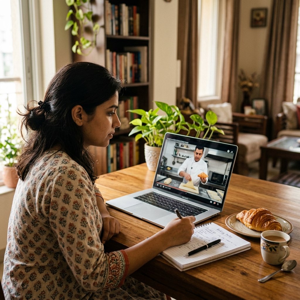 Online baking class on laptop screen with Indian woman student watching patisserie tutorial at home