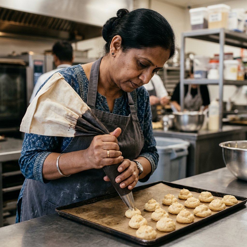 Indian woman in apron carefully piping choux pastry dough onto baking sheet in professional kitchen
