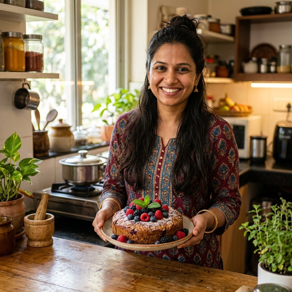 Indian woman pastry chef presenting a finished gluten-free celebration cake in a professional kitchen
