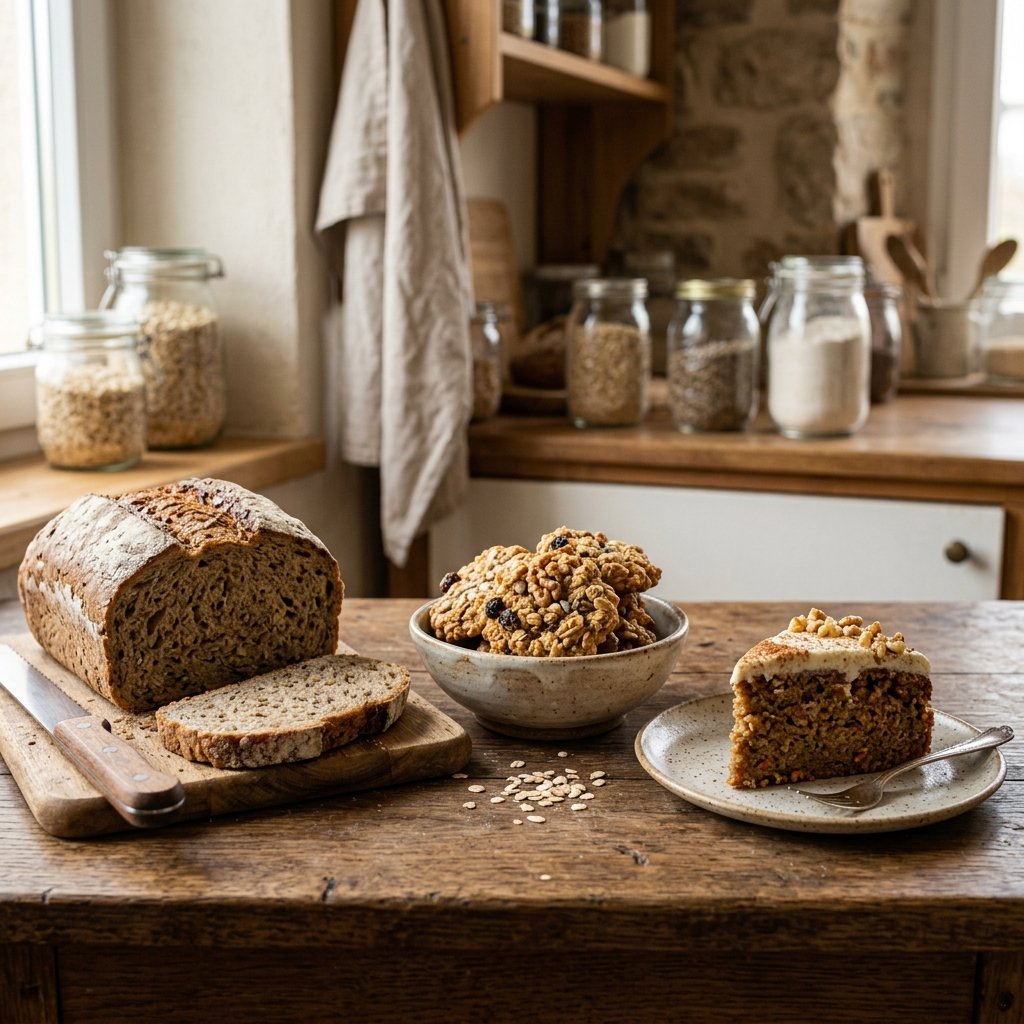 Assortment of healthy baked goods including whole grain muffins ragi cookies and jaggery cake on a wooden board with seeds and nuts
