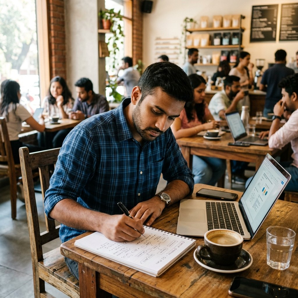 Café entrepreneur writing a business plan at a desk