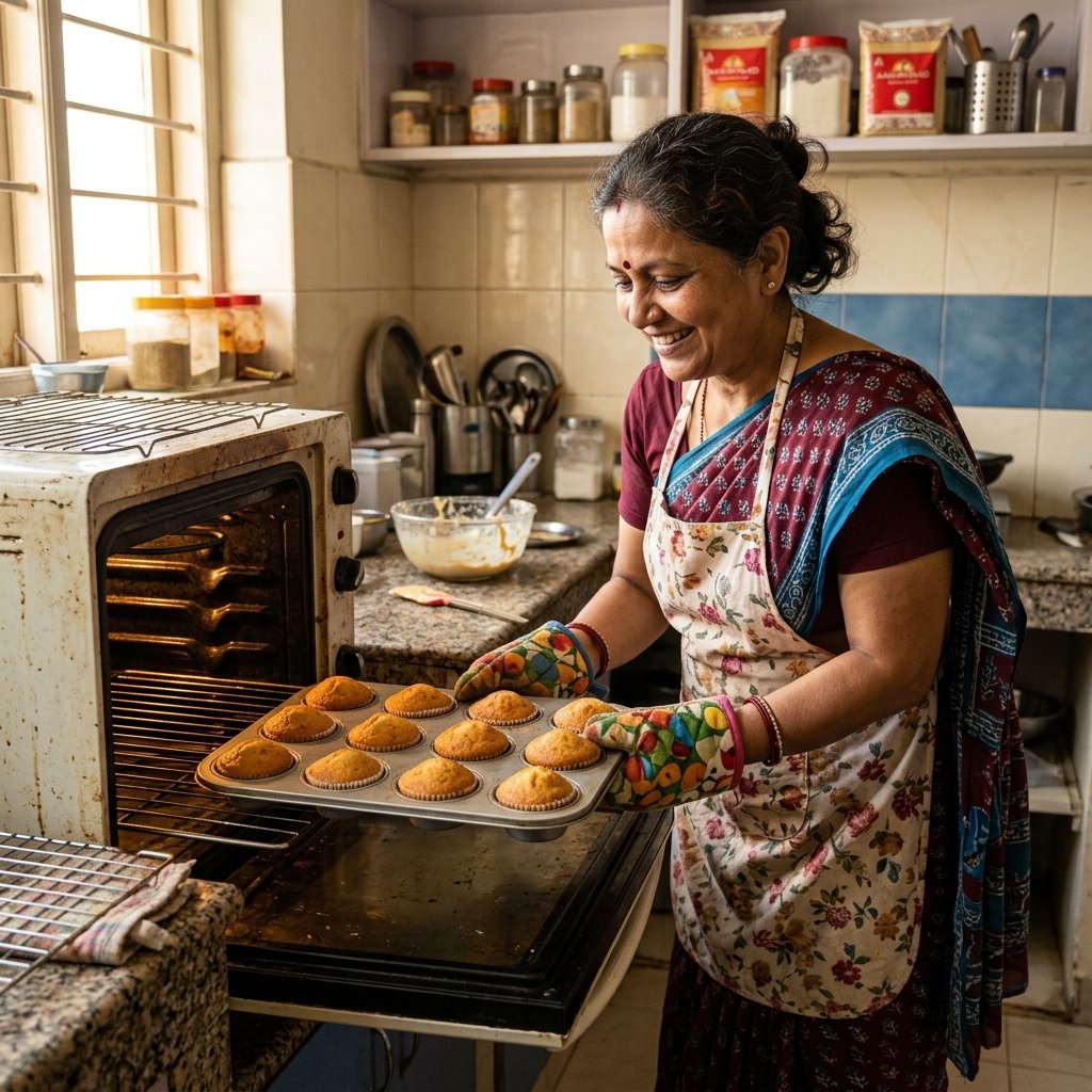 Indian home baker removing freshly baked muffin tray from oven