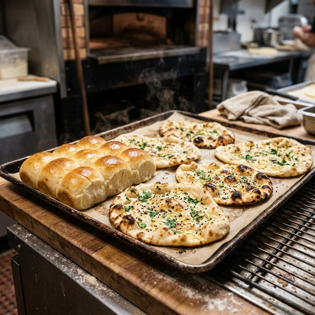 Variety of artisan breads including pav rolls, dinner rolls, and flatbreads baked in an Indian home kitchen