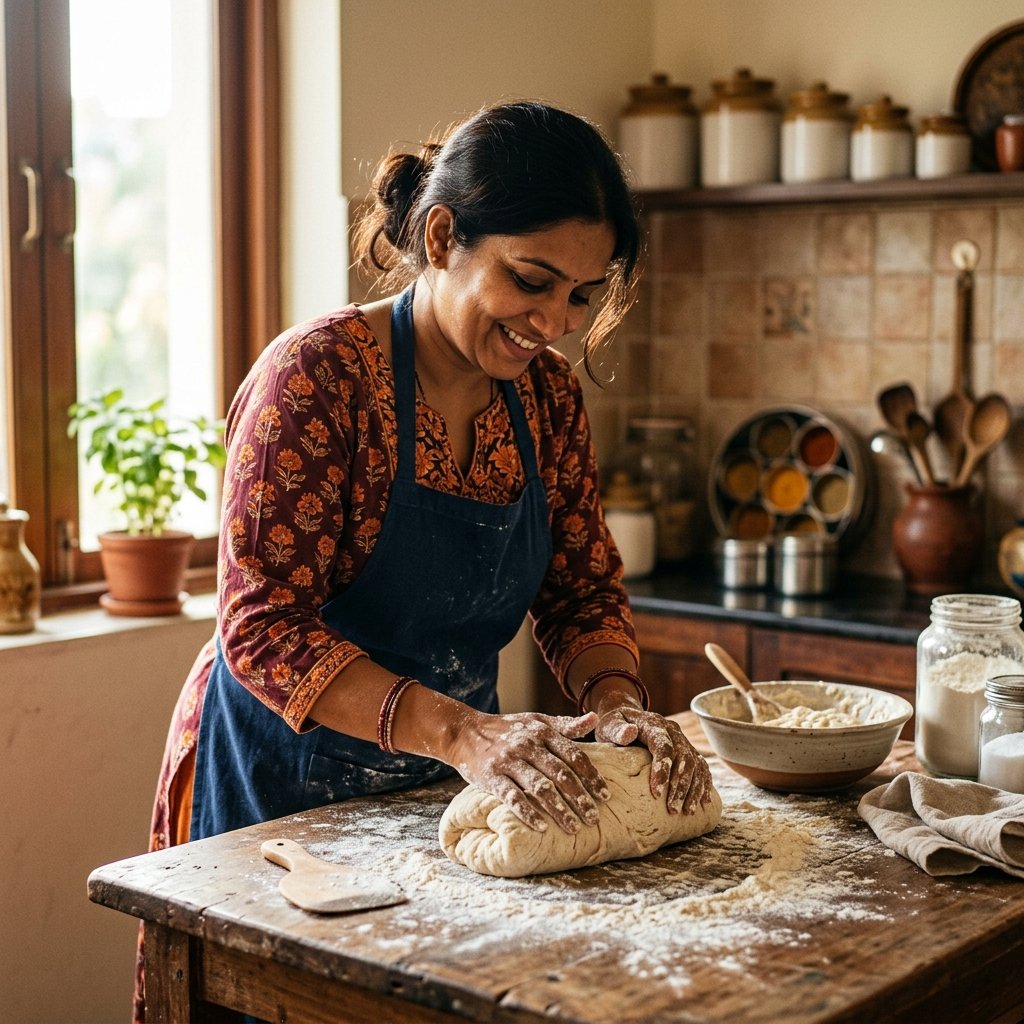 Indian woman kneading sourdough bread dough at home on a marble counter