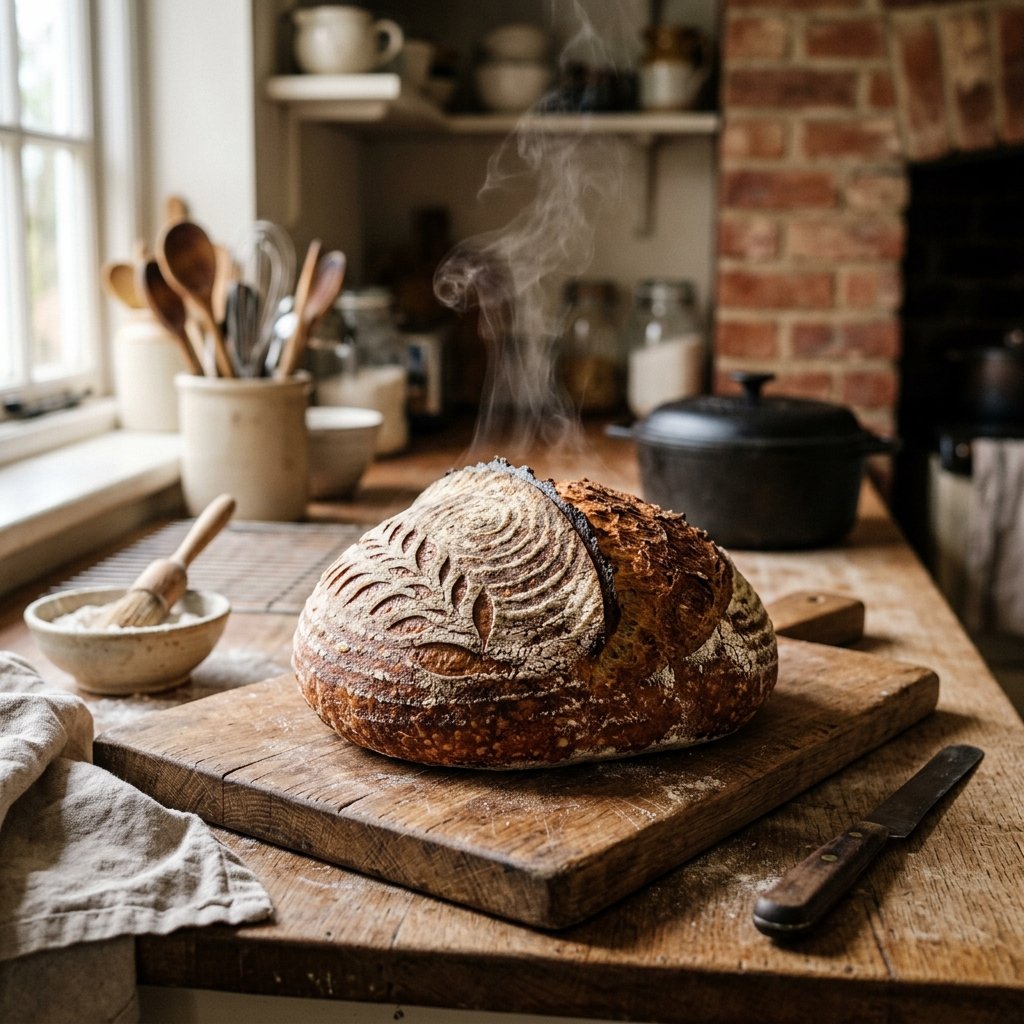 Freshly baked artisan sourdough loaf with scored crust, golden brown, resting on a cooling rack