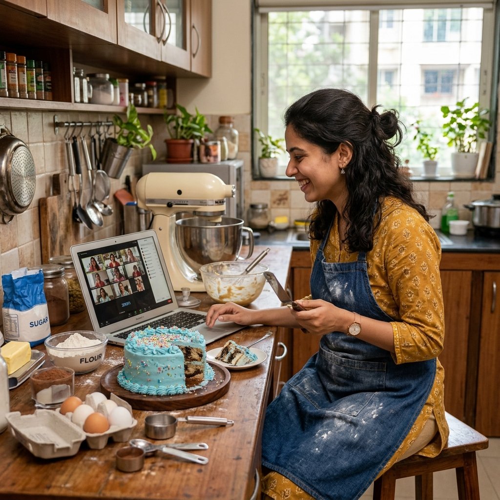 Students attending a live online cake making class via Zoom with an instructor demonstrating cake layering techniques