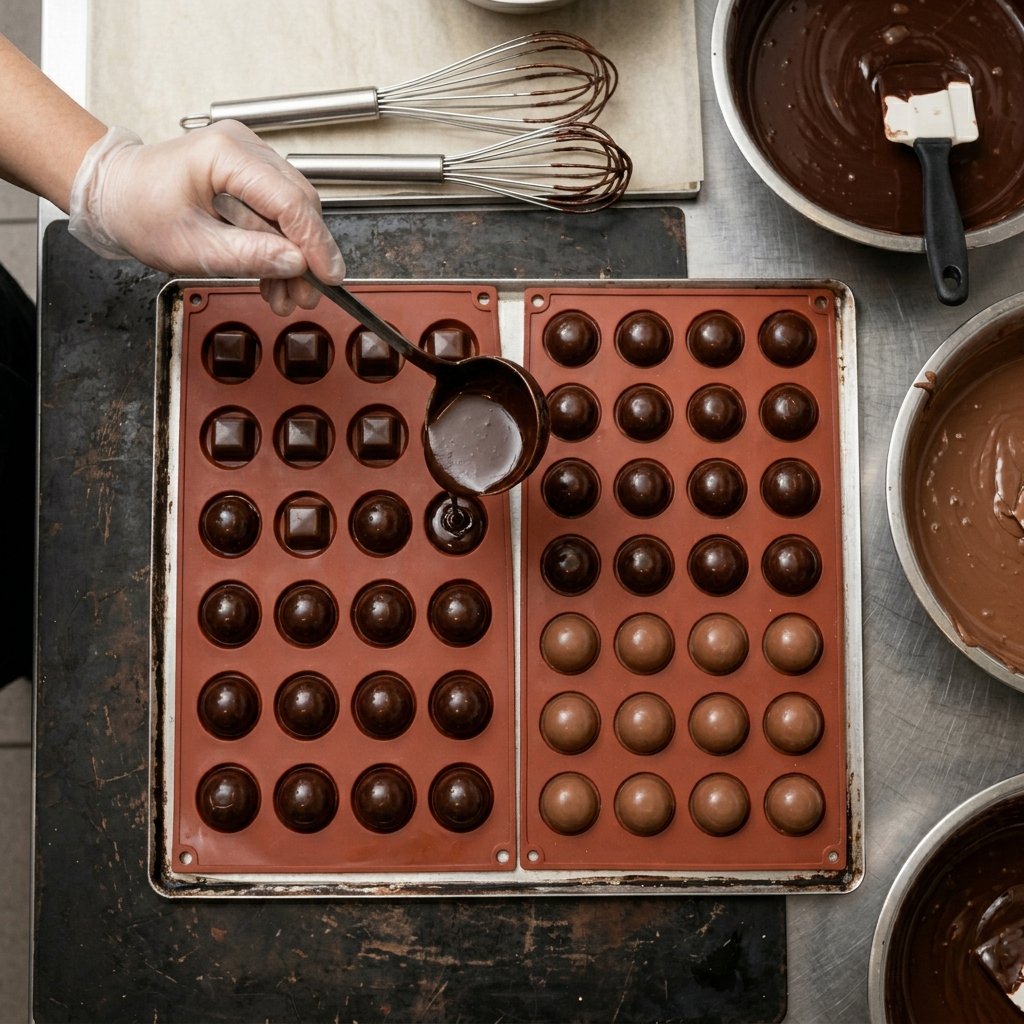 Polycarbonate chocolate moulds for bonbons and moulded chocolates — used in online chocolate making courses